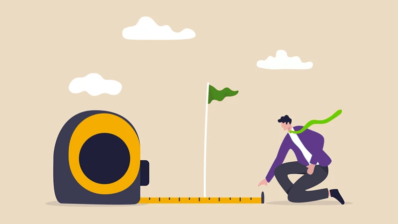 Illustration of a person, a measuring tape and a flag, meant to symbolize measurement and goals in CX