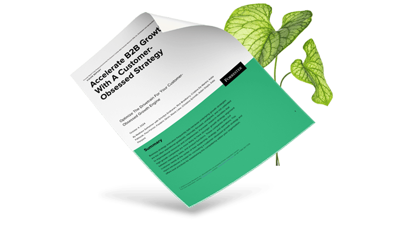 Preview image of the Forrester report "Accelerate B2B growth with a customer-obsessed strategy" as a paper document, accompanied by a plant in the background