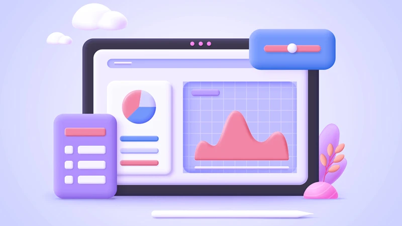 3D illustration of a user interface depicting various graphs, accompanied by a cloud symbolizing cloud technology