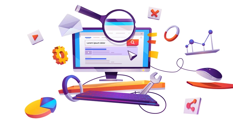 Illustration of a floating computer, computer accessories, and various types of graphs and symbols