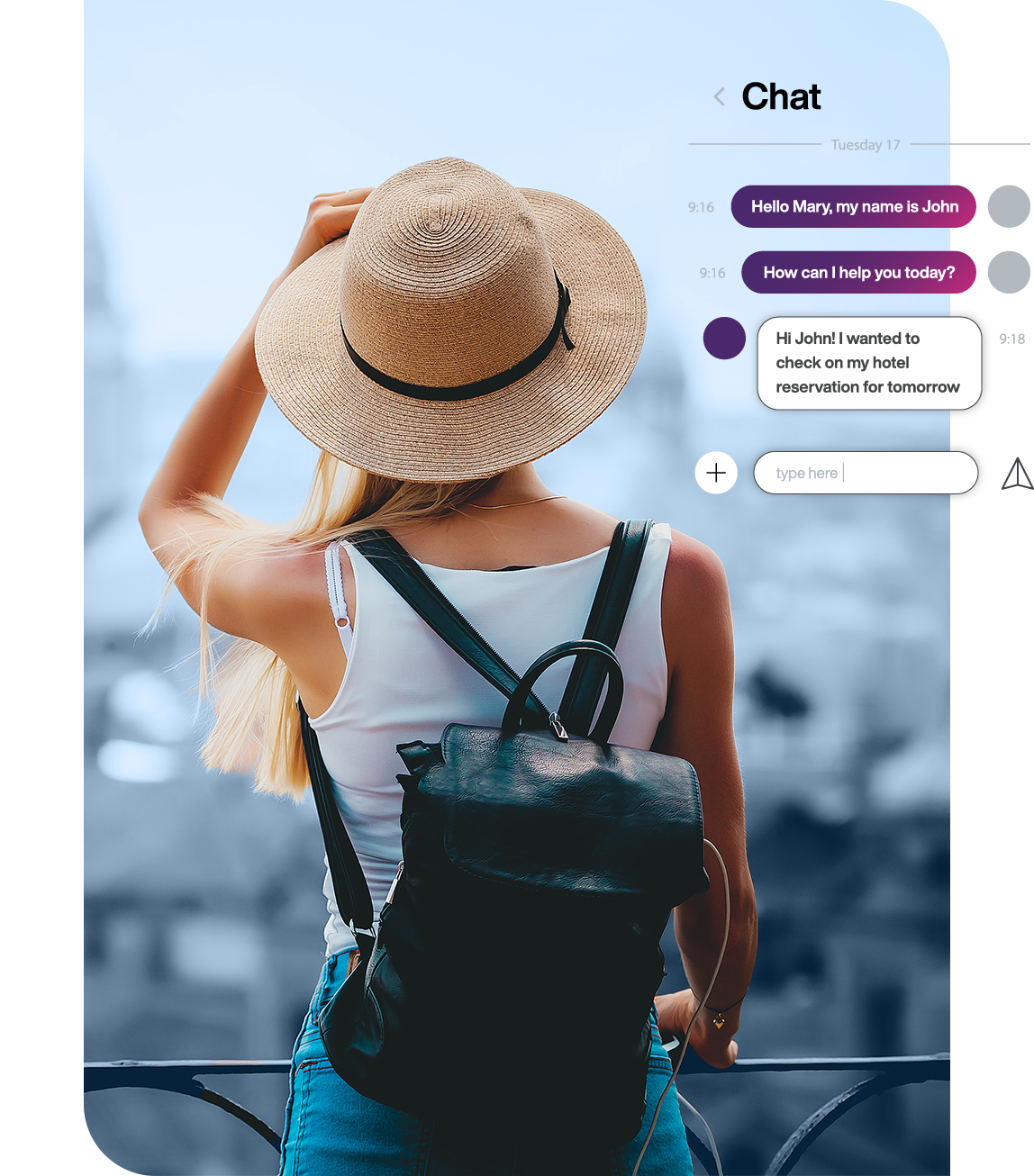 A woman wearing a hat looking over a balcony at a view with a chatbot conversation discussing a hotel reservation overlaid. 
