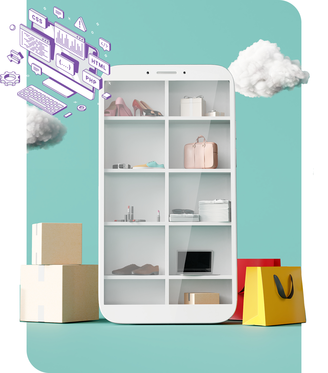 Smartphone accompanied by clouds, shopping bags and packages, with an overlay symbolizing cloud technology and digital IT