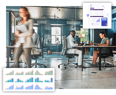 Image of people working in a modern office with overlaid depictions of charts and documents