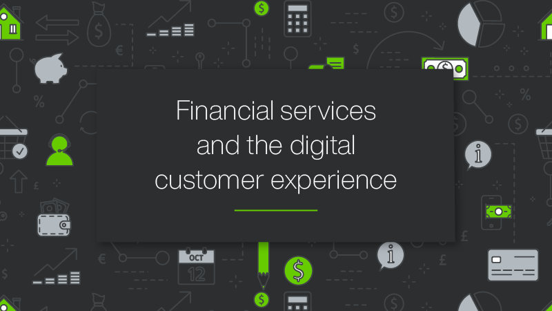 An illustration depicting financial symbols with text that reads "Financial services and the digital customer experience"