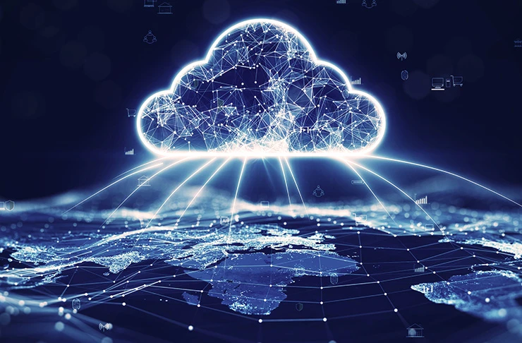 Illustration of a cloud hovering over a map of the world with interconnected data points 