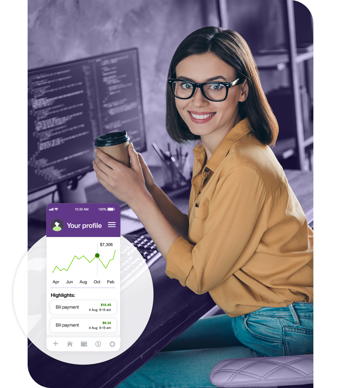 Person in front of computer displaying lines of code, with an overlay displaying a line graph