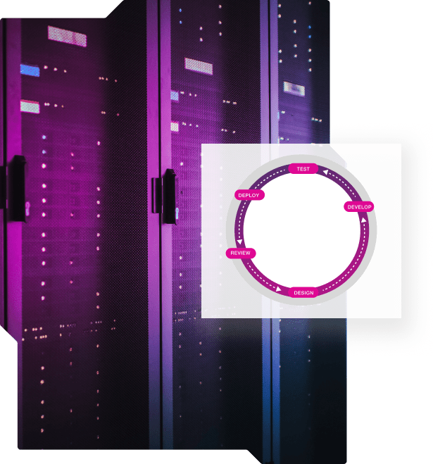 Picture of a server room with an overlay of a process cycle