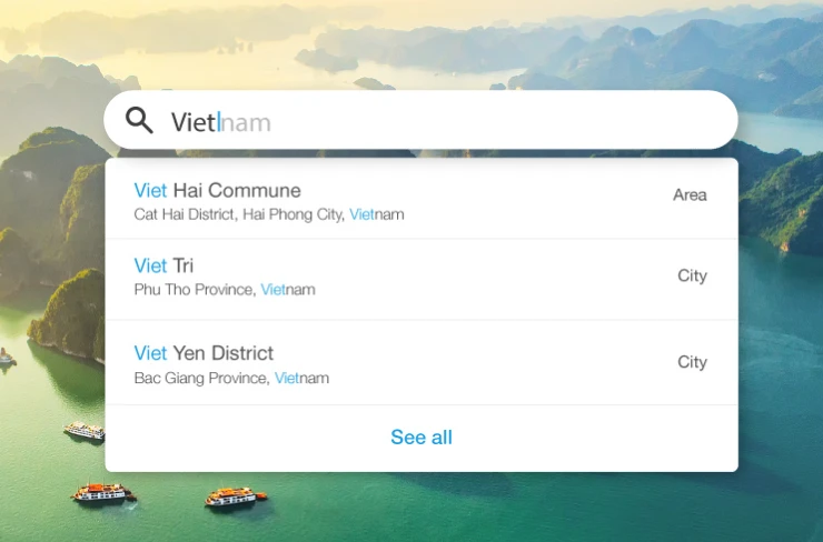 a search bar with auto-populated destinations in Vietnam
