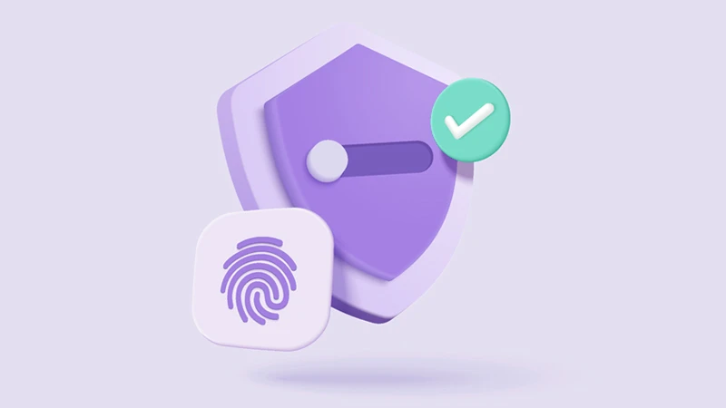 3D illustration of various symbols conveying online security, including a finger print and a shield 