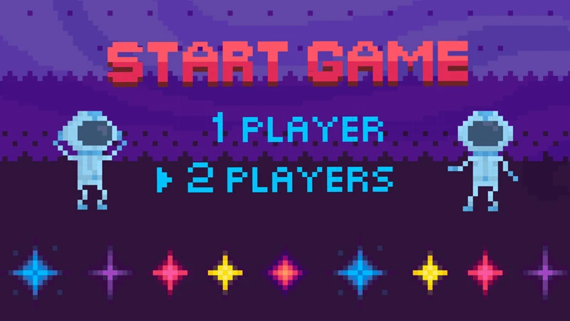 Vintage video game illustration with two astronauts and text that reads "Start Game," "1 Player" and "2 Players." 