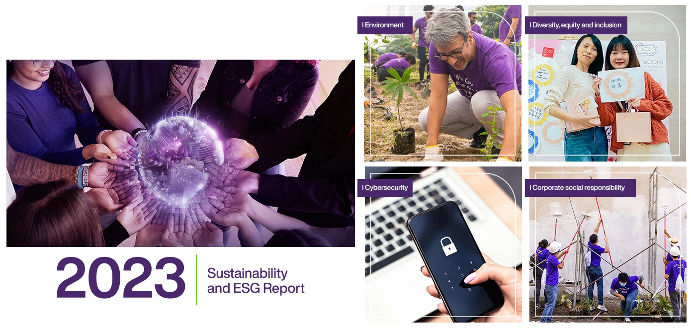 The cover of TELUS Digital's 2023 Sustainability and ESG Report. Beside the cover is a grid of four images, representing four commitments. 1. Environment: Depicting a TELUS Digital team member planting a tree. 2. Diversity, equity and inclusion: Depicting two TELUS Digital team members posing with a drawing. 3. Cybersecurity: Depicting a hand unlocking a smartphone with a passcode. 4. Corporate social responsibility: Depicting TELUS Digital team members working together to paint a building.