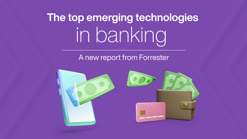 Illustration of a smartphone, cash, a payment card and a wallet, with text that reads: "The top emerging technologies in banking in 2022: A new report from Forrester"