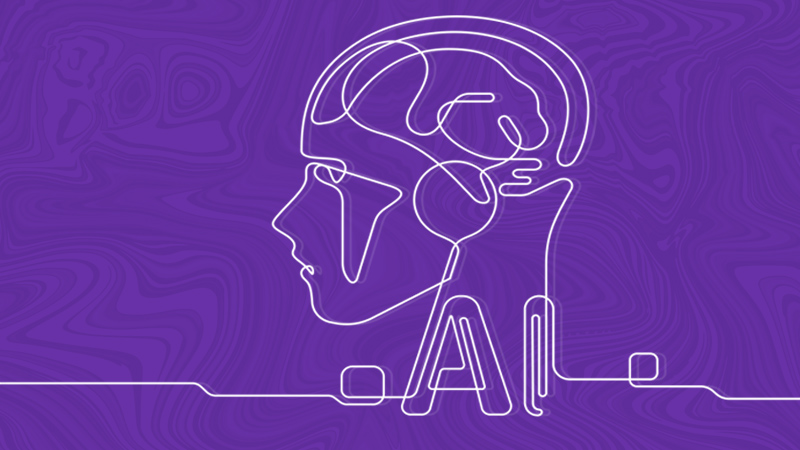 Single line drawing of the side profile of a head and the term "AI" imposed on a wavy background connoting hallucination