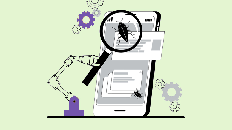 Illustration of smartphone, gears and a robotic arm holding a magnifying glass over a bug; meant to symbolize quality assurance