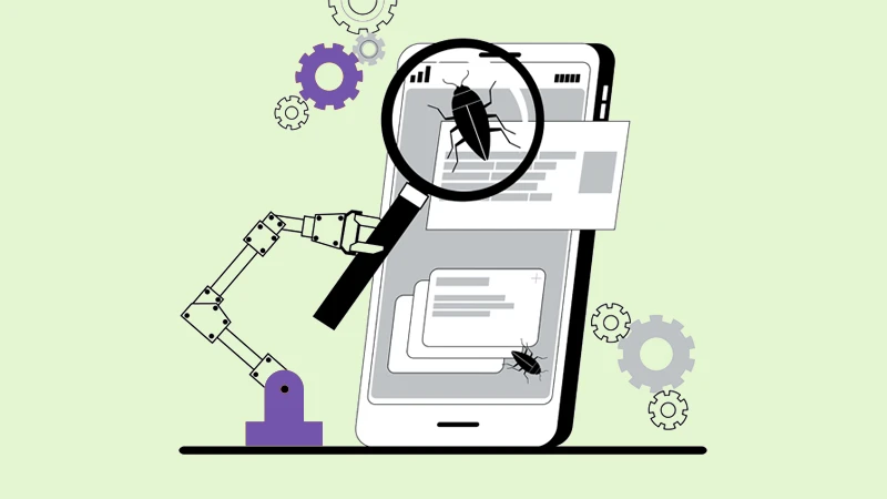Illustration of smartphone, gears and a robotic arm holding a magnifying glass over a bug; meant to symbolize quality assurance
