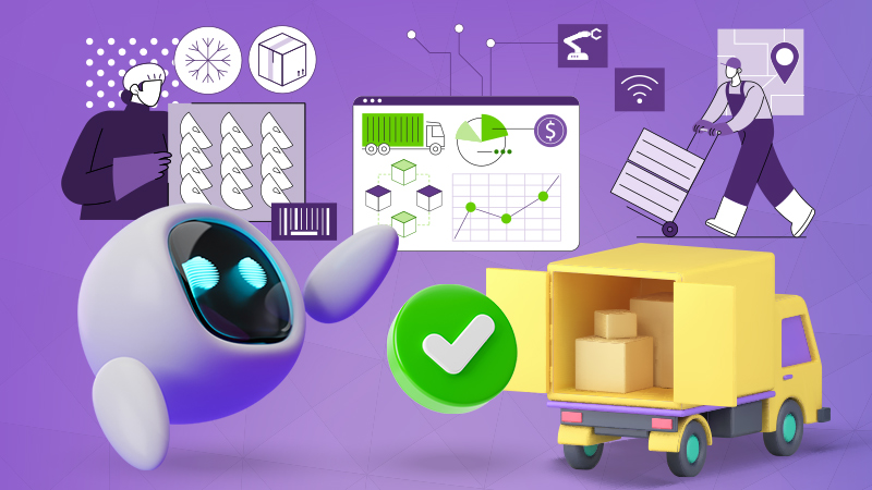 An illustration of a bot helping to organize processes in a warehouse.