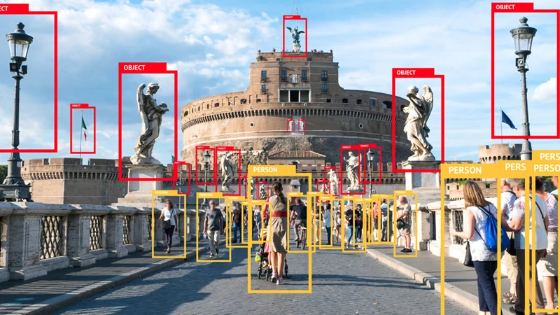 Photo of historic architecture annotated with boxes that read "object" or "person"