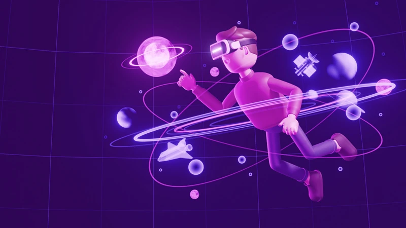 3D illustration of person wearing virtual reality headwear floating in a digital space