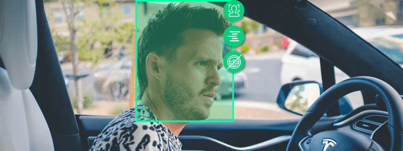 Person driving car with annotations meant to convey head movement detection