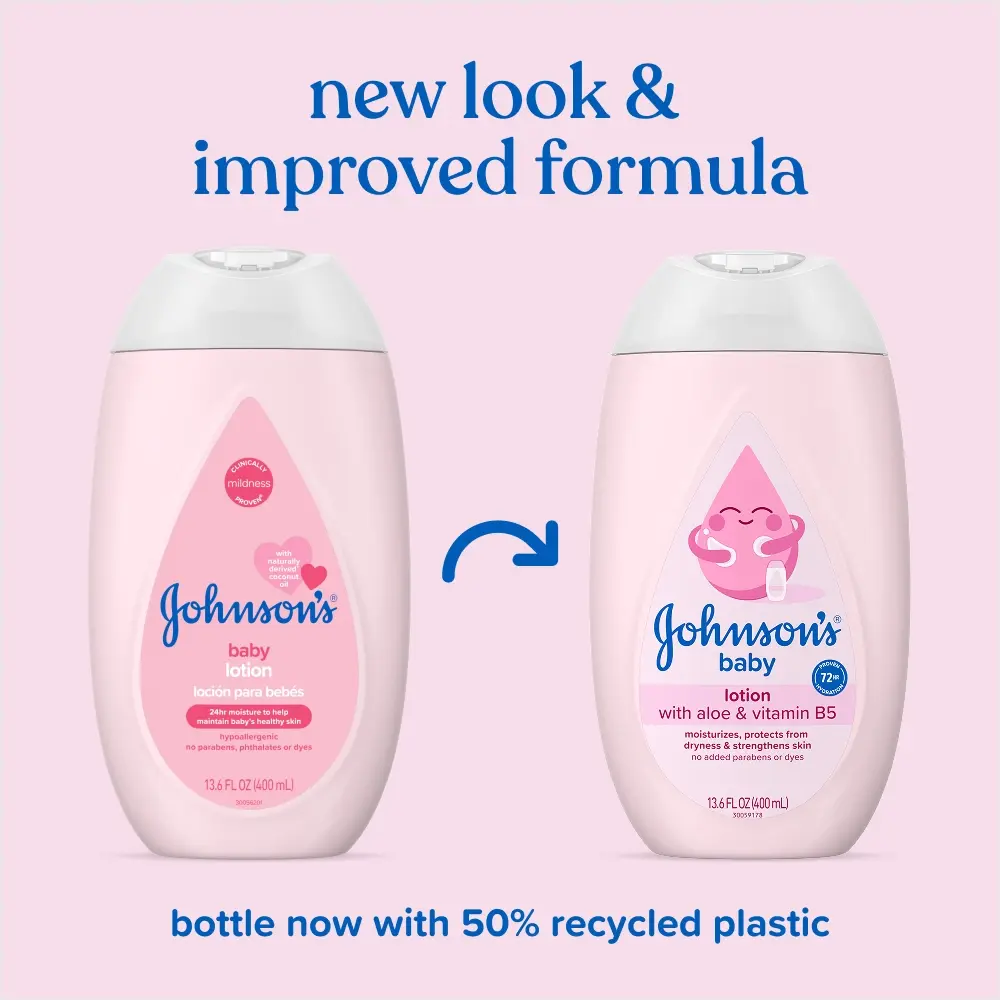 Before-and-after comparison of Johnson's baby lotion bottles, highlighting the new packaging design and improved formula.
