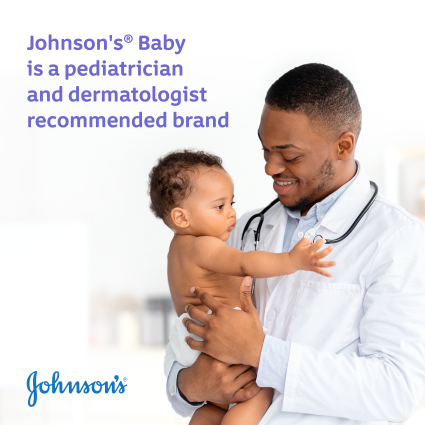 Pediatrician holding a baby with the text 'Johnson's Baby is a pediatrician and dermatologist recommended brand'.