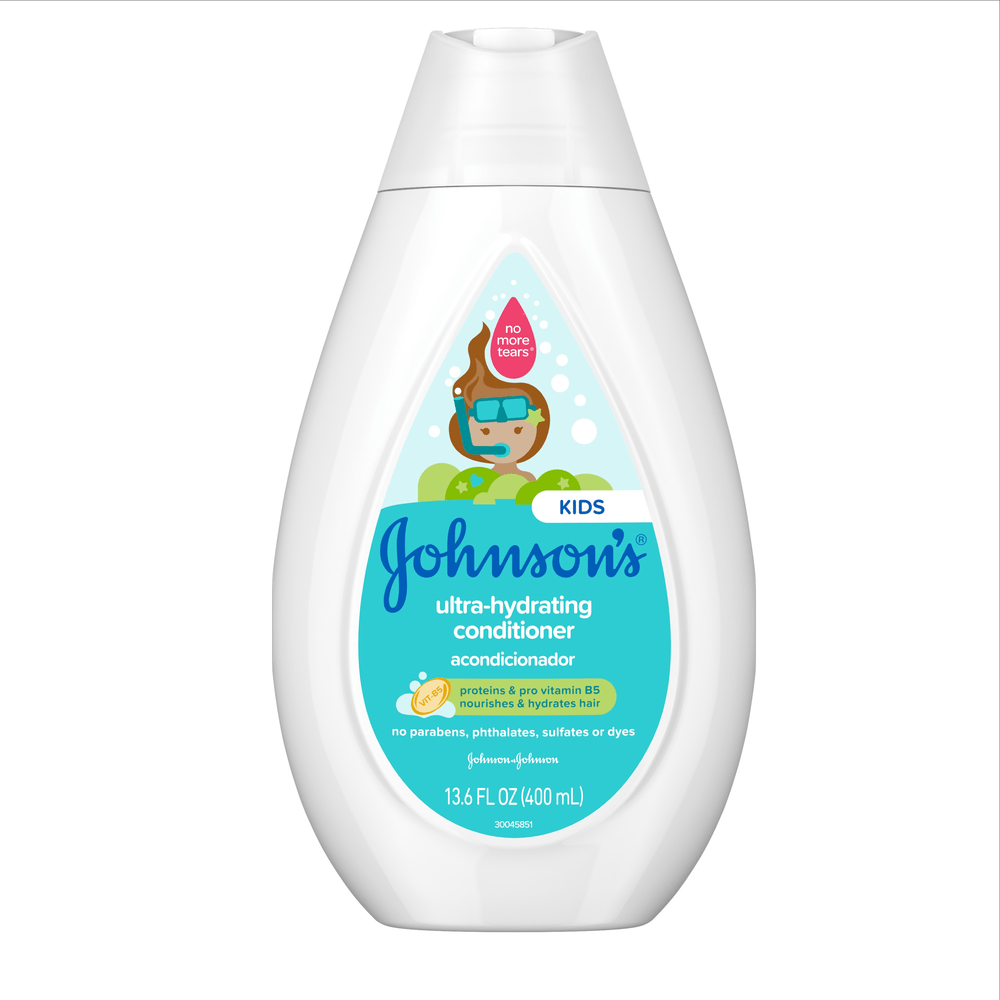 Johnsons Baby Kids Ultra-Hydrating Conditioner bottle, 13.6 fl oz, no parabens, phthalates, sulfates or dyes, with a cartoon character wearing goggles and a snorkel.