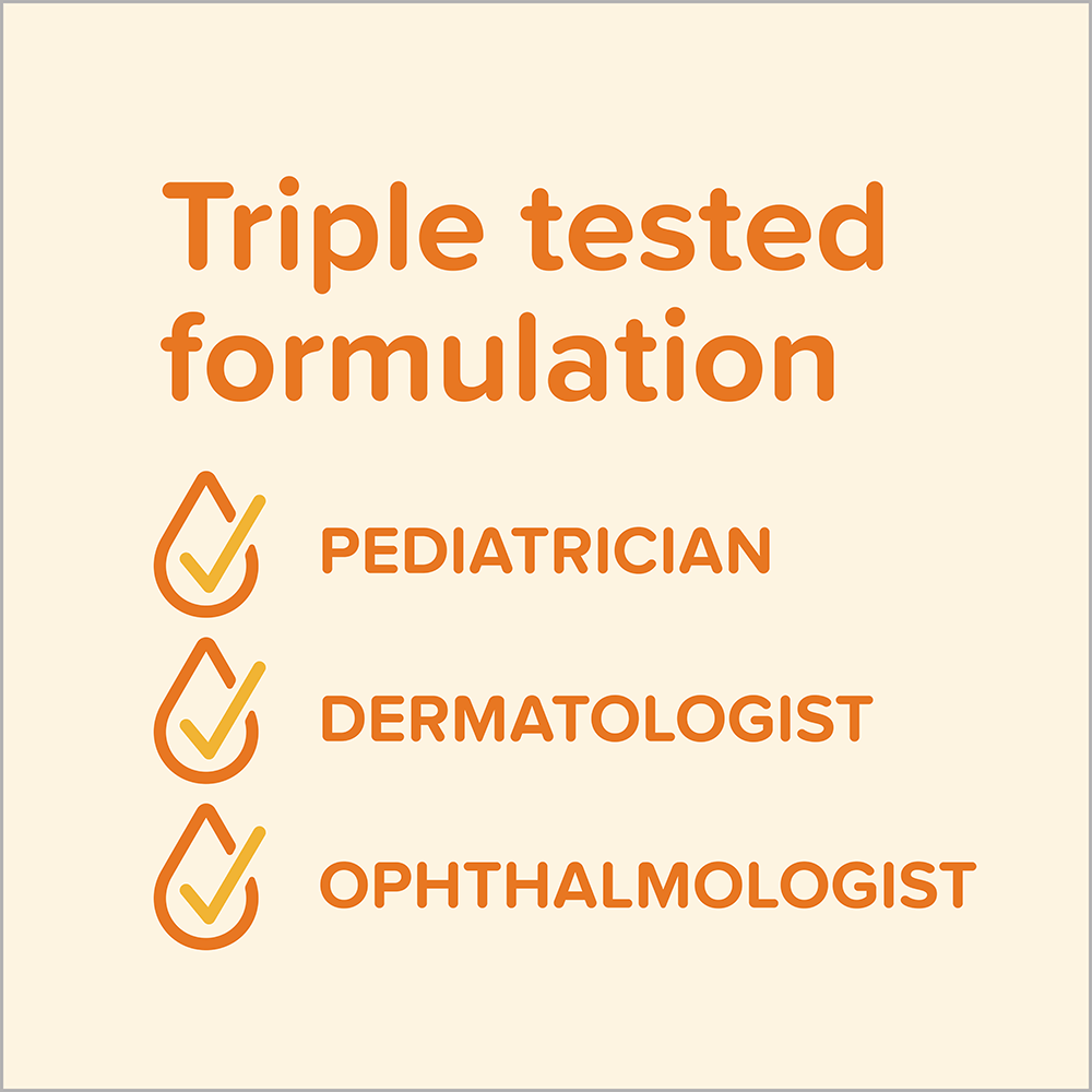 Orange graphic showing Johnson's products have a triple tested formulation by pediatrician, dermatologist, and ophthalmologist.