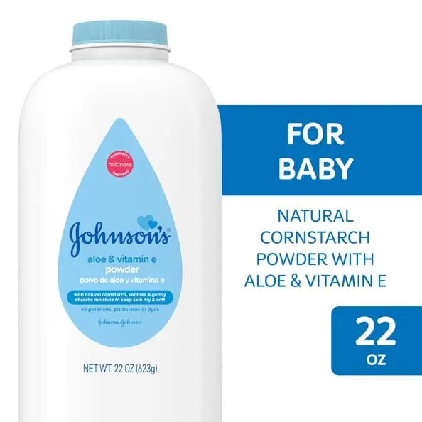 Johnson's baby powder with aloe and vitamin E, 22 oz bottle, labeled for baby with natural cornstarch, soothing and gentle.