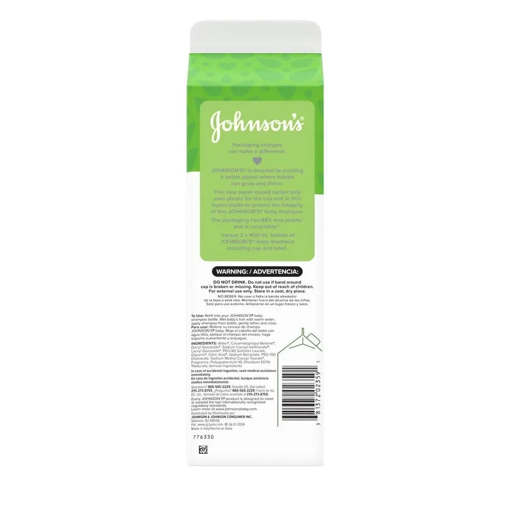 A green and white carton labelled "Johnson's" explains sustainable packaging for baby shampoo, using less plastic. Text includes instructions, ingredients, and warnings in both English and Spanish.