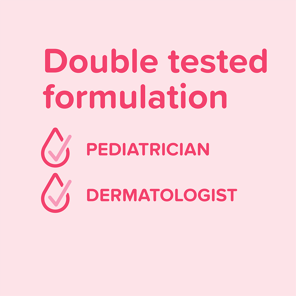 Text 'Double tested formulation, PEDIATRICIAN, DERMATOLOGIST' with corresponding checkmark icons and pink background.