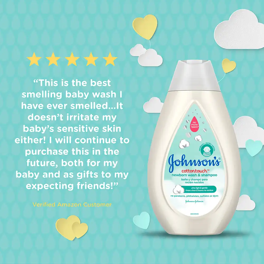 Johnson’s CottonTouch newborn wash and shampoo bottle with customer review stating it is the best smelling baby wash, does not irritate sensitive skin, and is recommended for future purchases.