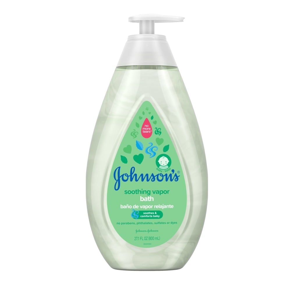 Johnson's Soothing Vapor Bath bottle with text 'no parabens, phthalates, sulfates, or dyes'.