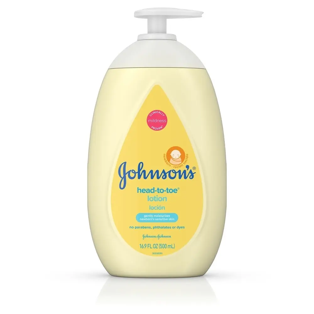 Johnsons Baby Head-to-Toe lotion, 16.9 fl oz (500 ml), no parabens, phthalates, or dyes, dermatologist-tested, and gentle for baby’s skin.