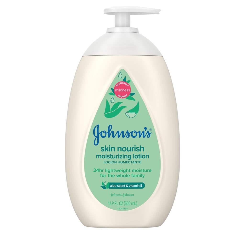 A white bottle of Johnson’s Skin Nourish Moisturizing Lotion with a pump top, featuring green labeling indicating “24hr lightweight moisture for the whole family," "aloe scent & vitamin E," "16.9 FL OZ (500 mL)."