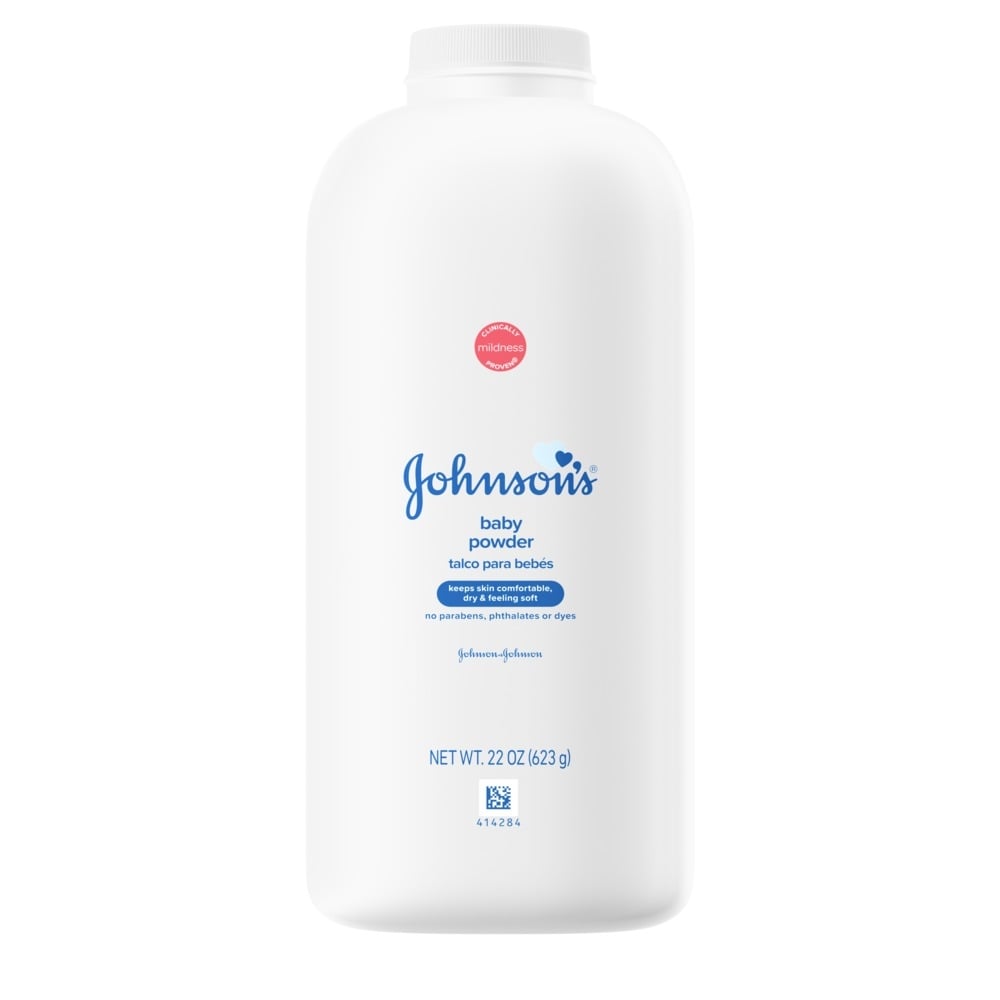 Johnson's baby powder in a 11 oz white bottle, labeled with no parabens, phthalates, or dyes.