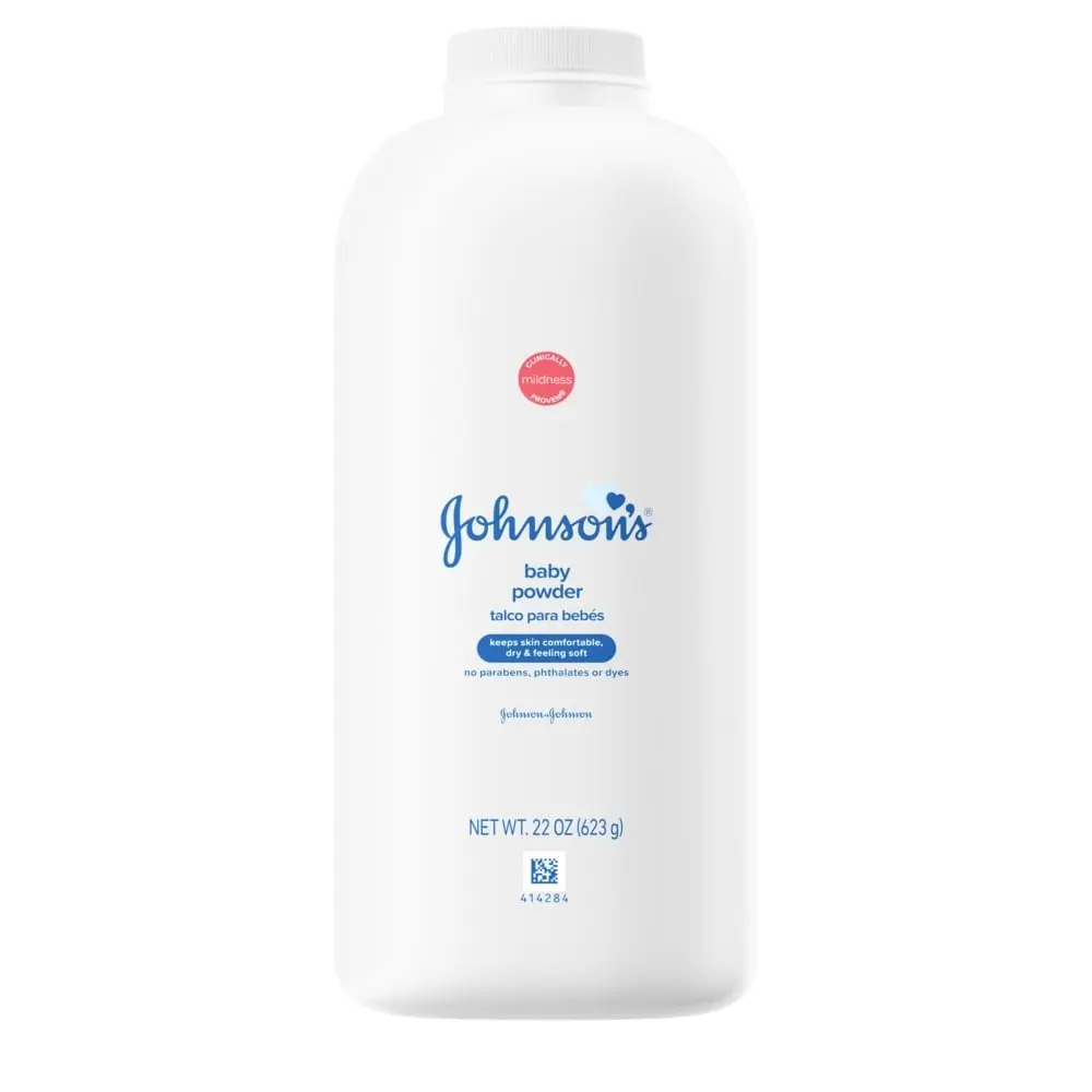 Johnson's baby powder in a 11 oz white bottle, labeled with no parabens, phthalates, or dyes.