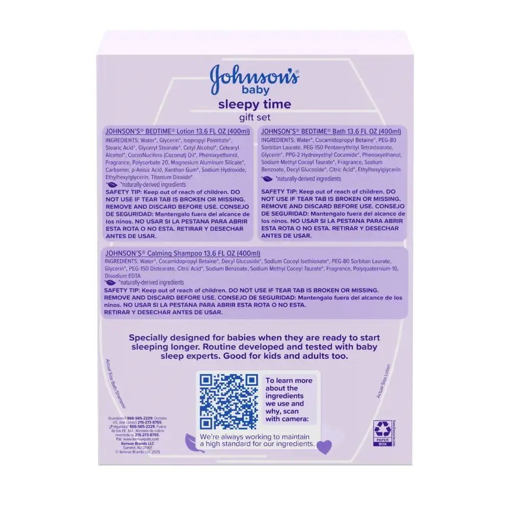 Back of Johnson's Baby Sleepy Time Gift Set showing ingredient list and safety tips for Bedtime Lotion, Bath, and Shampoo.