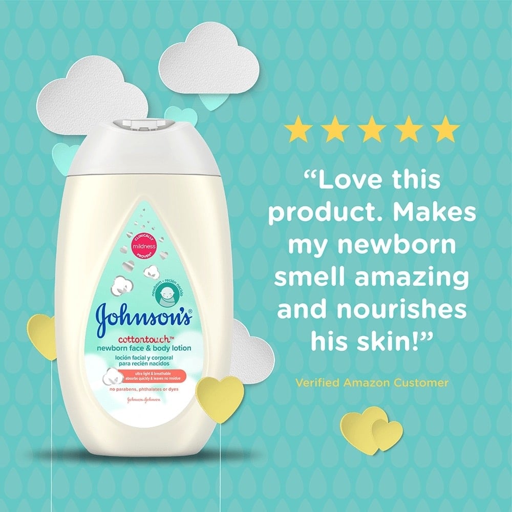 Johnson's Cotton Touch newborn face and body lotion bottle with a five-star review stating, 'Love this product. Makes my newborn smell amazing and nourishes his skin!' from a verified Amazon customer.