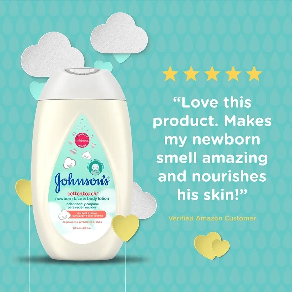 Johnson's Cotton Touch newborn face and body lotion bottle with a five-star review stating, 'Love this product. Makes my newborn smell amazing and nourishes his skin!' from a verified Amazon customer.