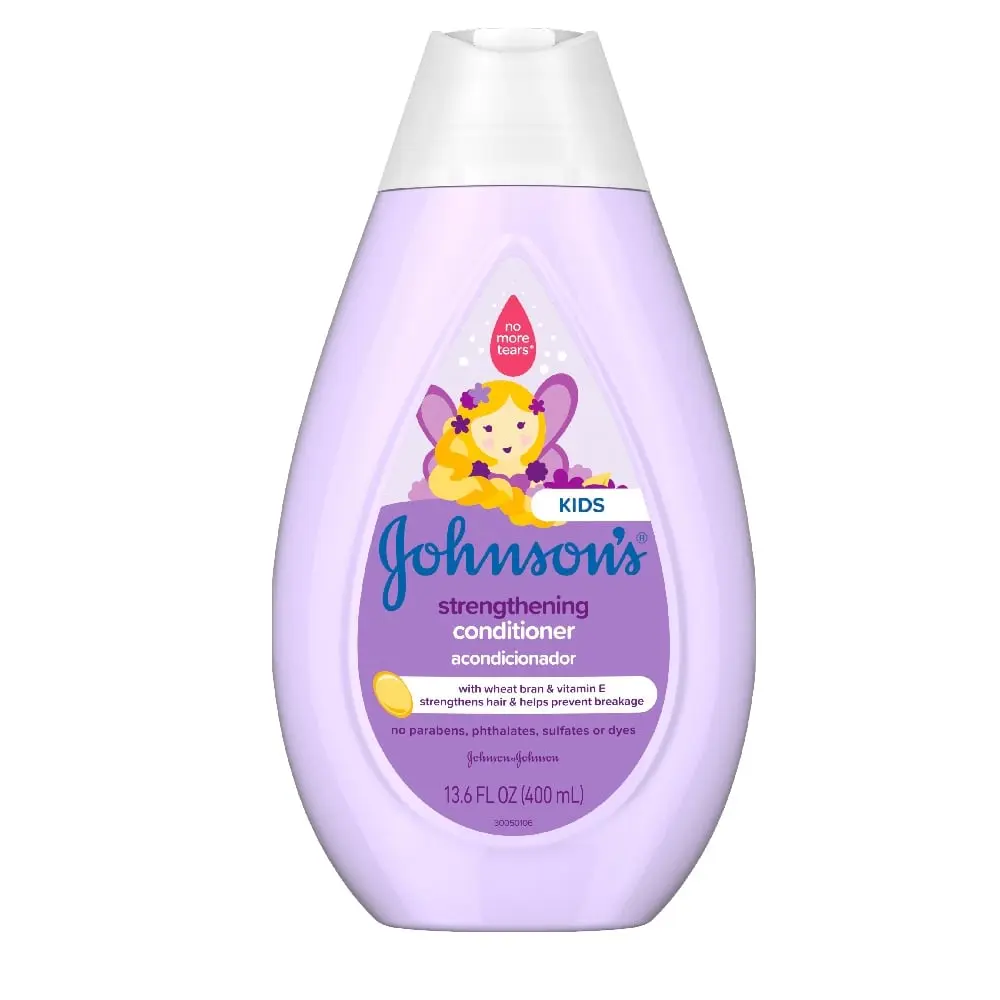Johnson's Baby Kids Strengthening Conditioner with wheat bran and vitamin E, 13.6 fl oz (400 ml), no parabens, phthalates, sulfates or dyes.
