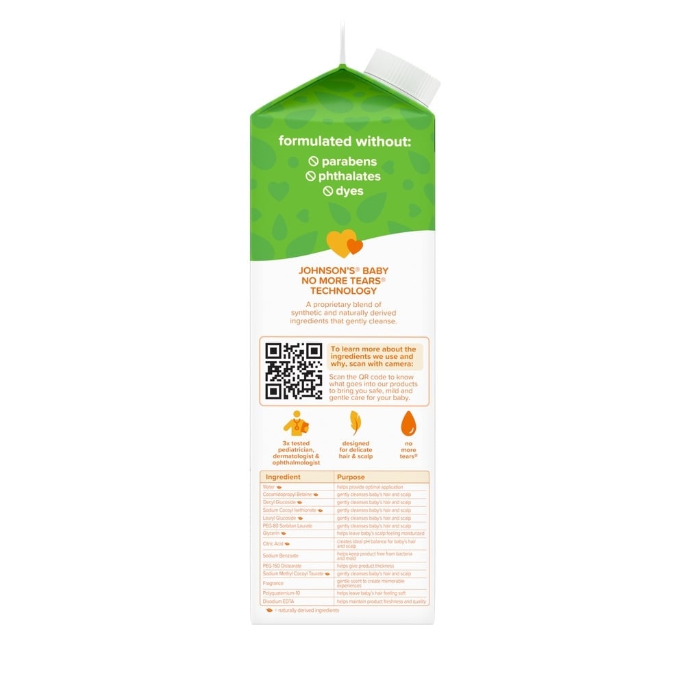 Carton highlighting Johnson's Baby No More Tears Technology, free from parabens, phthalates, and dyes; includes a QR code for ingredient information and lists ingredients with their purposes, emphasizing gentle care for babies.