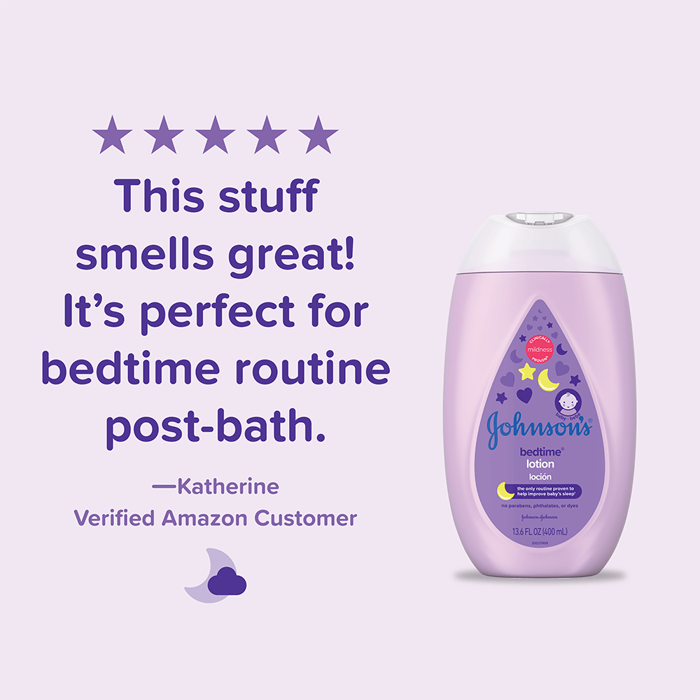 Customer review stating 'This stuff smells great! It’s perfect for bedtime routine post-bath.' with an image of Johnson's Bedtime Lotion, 13.6 FL OZ (400 mL).