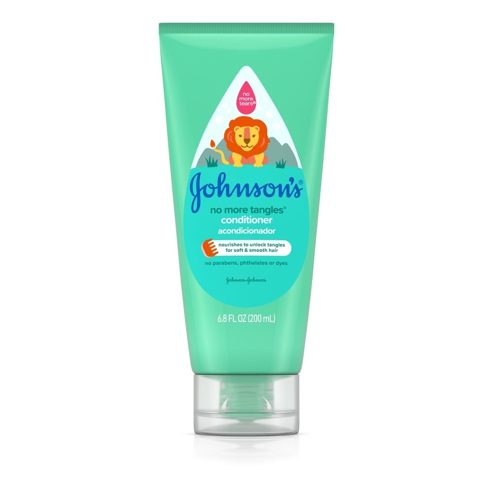 Acondicionador Johnsons Baby No More Tangles, 6.8 fl oz, con ilustración de un león, adecuado para dejar el cabello suave y fácil de peinar, sin parabenos, ftalatos ni colorantes.