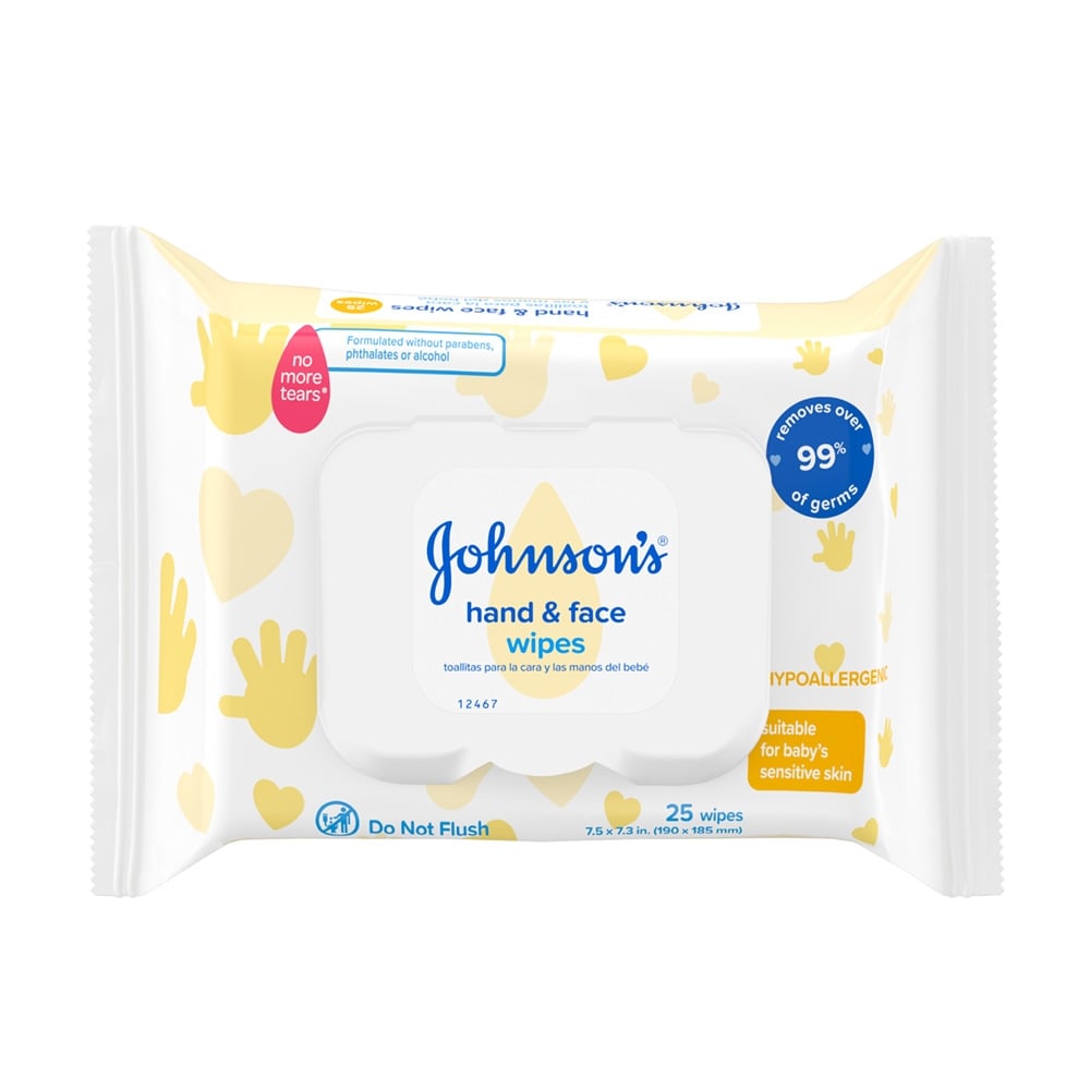 Johnson's Baby hand & face wipes, hypoallergenic, suitable for baby's sensitive skin, 25 wipes per pack, improves skin health by removing over 99% of germs, no more tears formula, alcohol-free, do not flush.