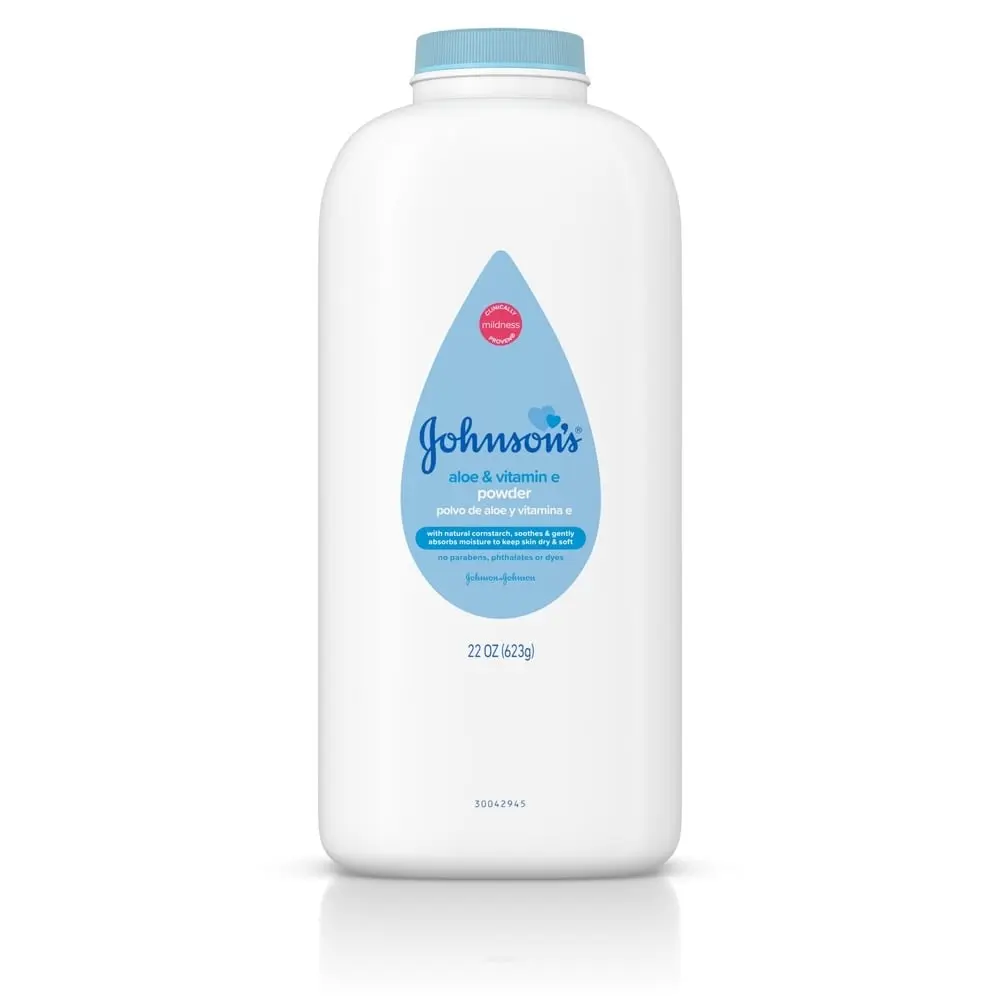 Johnson's Aloe & Vitamin E Powder, 22 oz, with a mild formula for soothing and softening baby's skin, free from parabens, phthalates, and dyes.