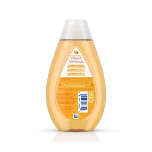 A teardrop-shaped bottle of Johnson's baby shampoo with a white cap sits upright against a white background. The label reads: "Johnson's Baby Shampoo, NO MORE TEARS, 500ml."