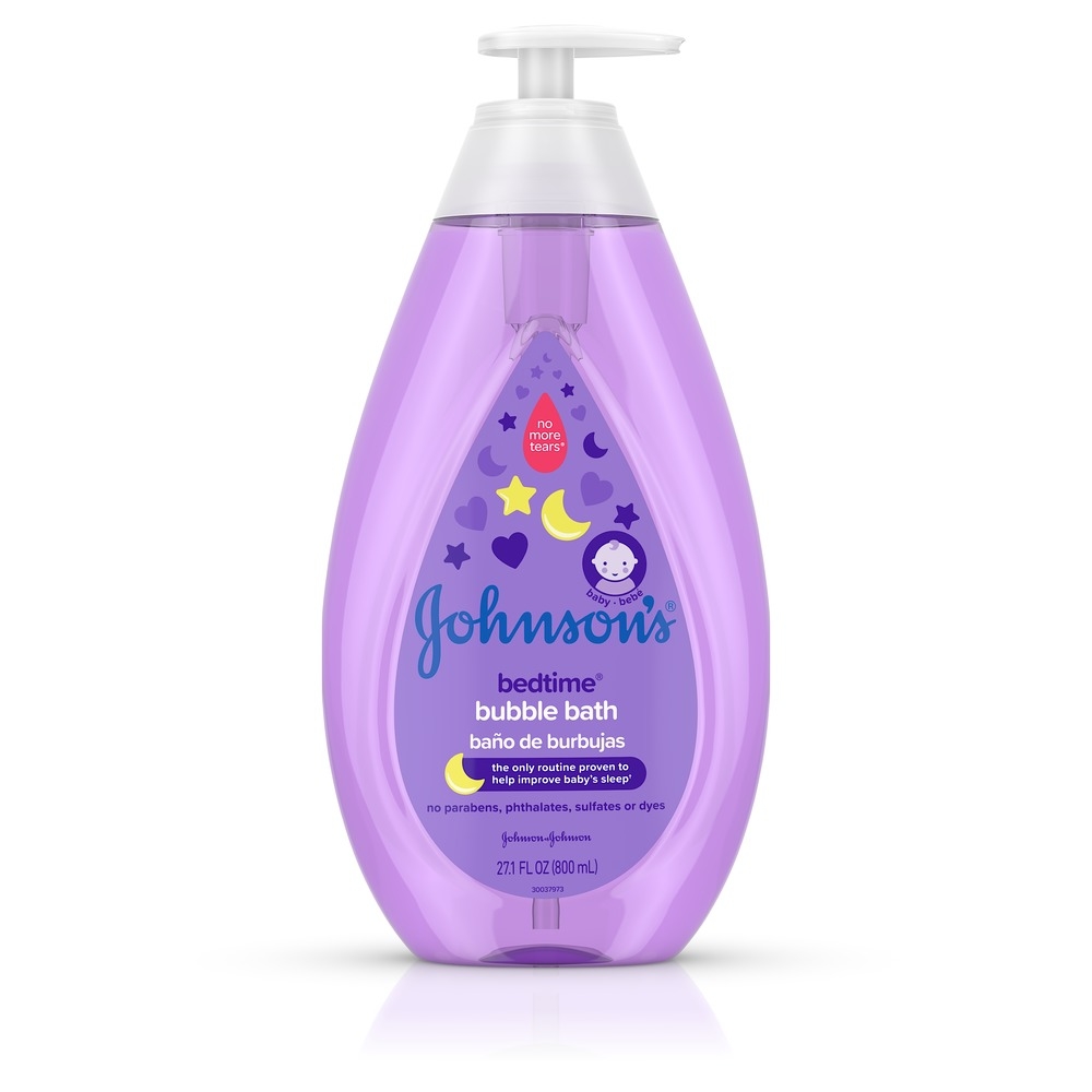 Front view of Johnson's Baby Bedtime Bubble Bath bottle with purple design, stars, moon, and baby illustration.