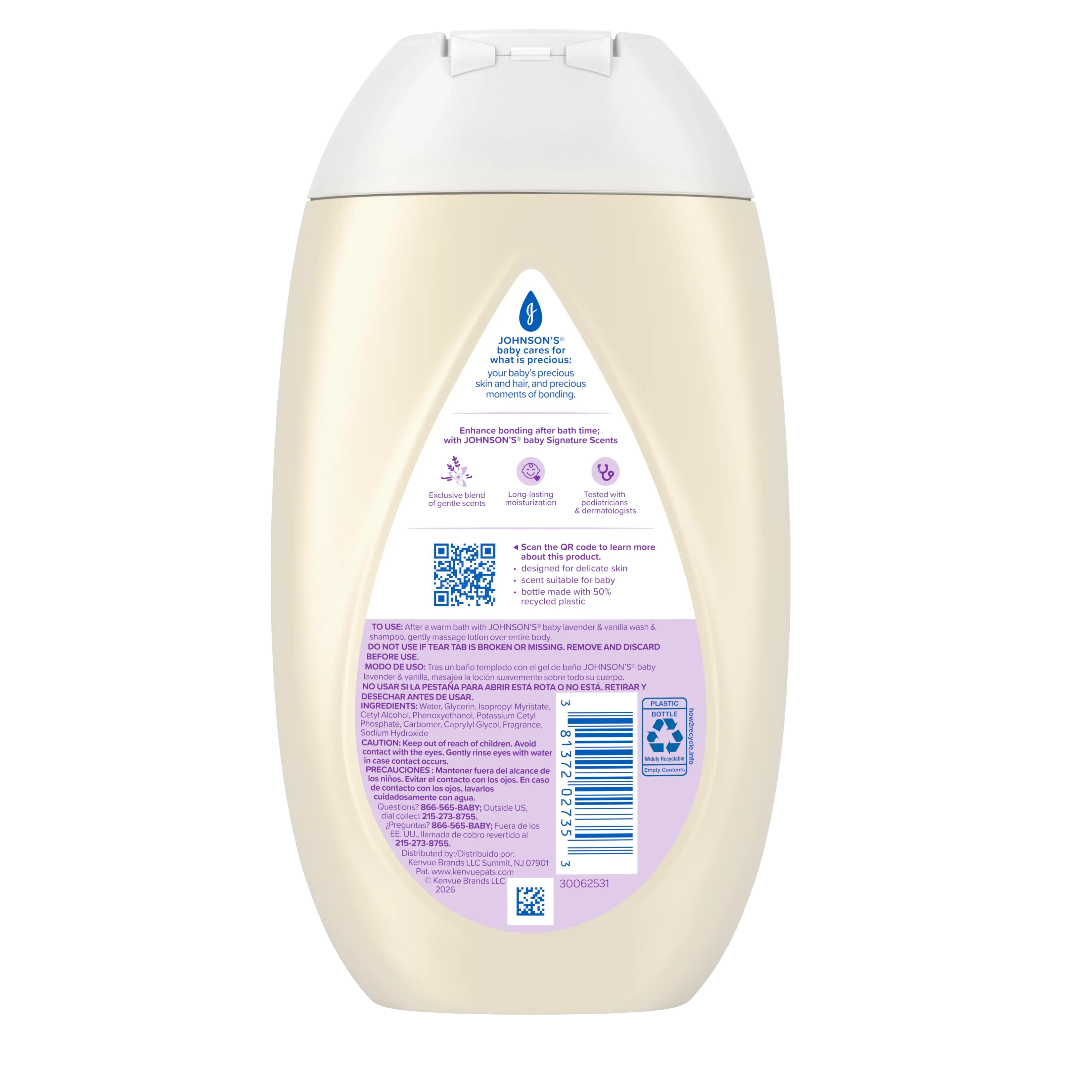 Back of Pack Shot of JOHNSON’S® Baby Lotion, Lavender & Vanilla Scent , 13.6oz