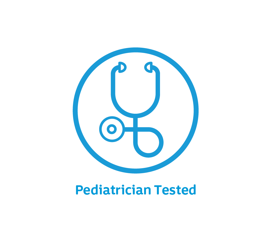 Blue stethoscope icon inside a circle with the text 'Pediatrician Tested' below.