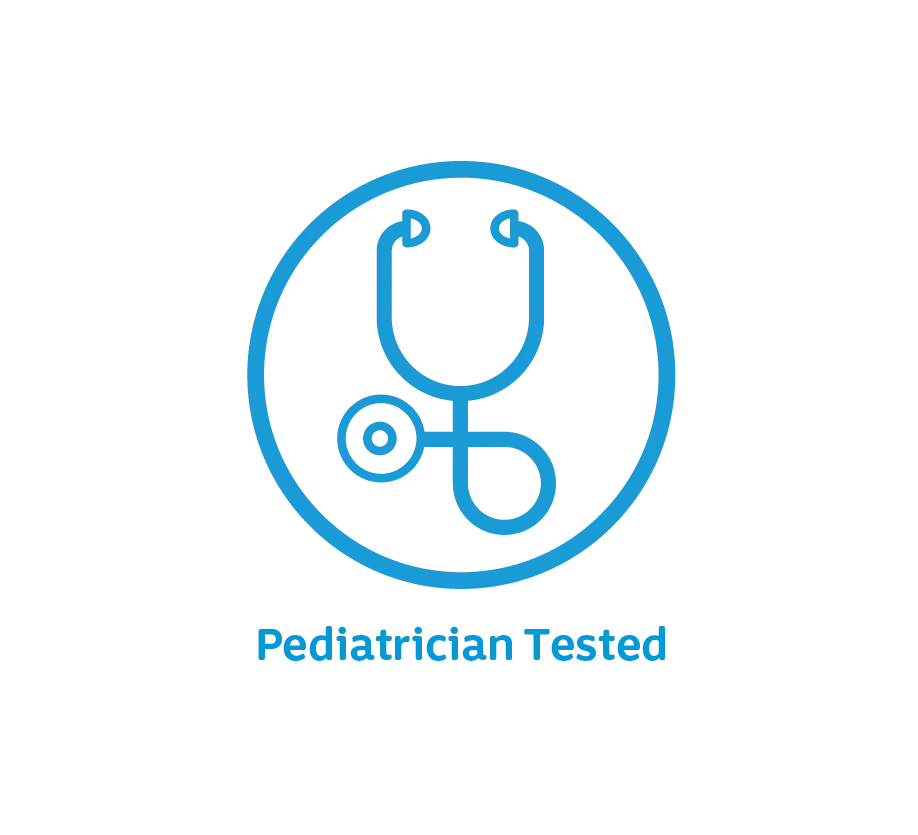 Blue stethoscope icon inside a circle with the text 'Pediatrician Tested' below.